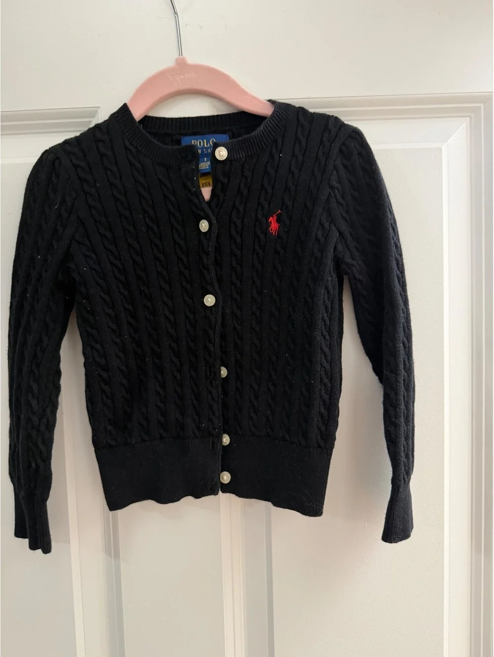 Polo Ralph Lauren Girls Cable Knit Cardigan Black Red Pony Size 3T